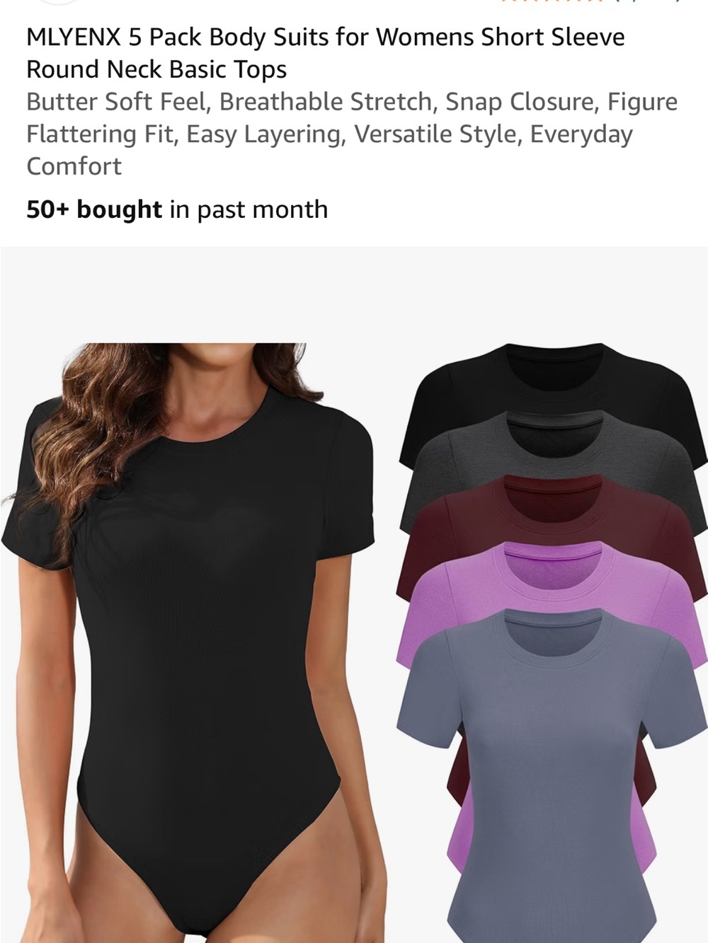 Classic Short Sleeve Round Neck Bodysuit - Black, Gray, Maroon, Purple, Lavender